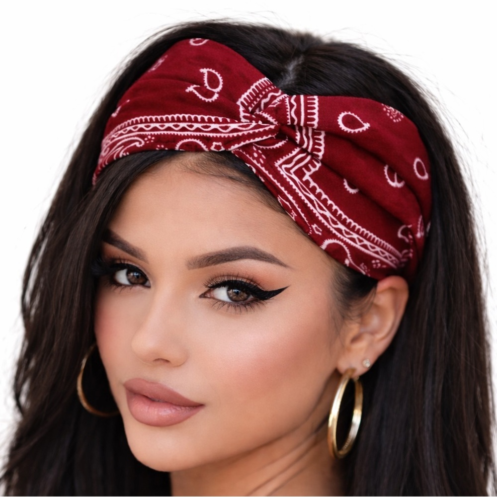 Burgundy Bandana Print Twist Knot Headband | Wide Boho Hair Wrap